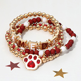 4PCS - GAME DAY Message Paw Charm Beaded Stretch Multi Layered Bracelets