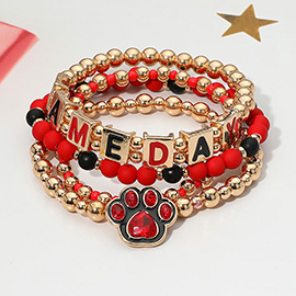 4PCS - GAME DAY Message Paw Charm Beaded Stretch Multi Layered Bracelets