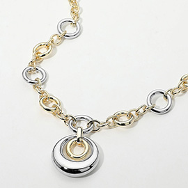 14K Gold Plated Two Tone Circle Pendant Chunky Chain Necklace