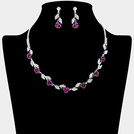 Colored Rose Rhinestone Paved Leaf Vine Necklace