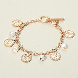 Metal Coin Pearl Accent Charm Toggle Bracelet