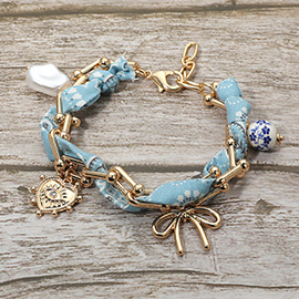 Boho Heart Bow Pearl Evil Eye Charm Station Hardware Chain Fabric Bracelet