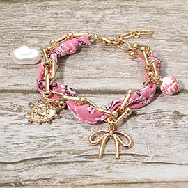 Boho Heart Bow Pearl Evil Eye Charm Station Hardware Chain Fabric Bracelet