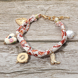 Boho Western Boot Horseshoe Evil Eye Heart Pearl Charm Station Fabric Bracelet