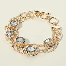 Faceted Oval Teardrop Rectangular Stone Cluster Link Metal Chain Layered Bracelet