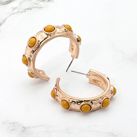 Bead Embellished Hammered Metal Hoop Earrings