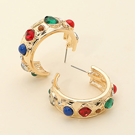 Mixed Stone Embellished Hoop Earrings
