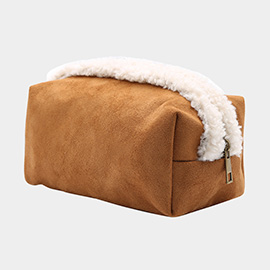 Sherpa Trim Faux Suede Pouch Bag