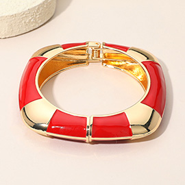 Enamel Striped Accent Flat Square Hinged Bangle Bracelet