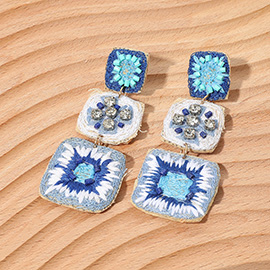 Embroidered Beaded Crochet Granny Square Link Drop Earrings