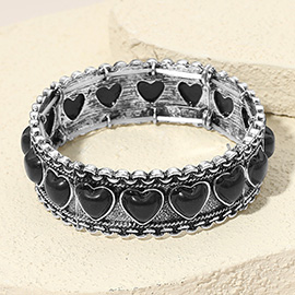 Antique Metal Boho Heart Stone Accent Stretch Bracelet