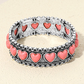 Antique Metal Boho Heart Stone Accent Stretch Bracelet