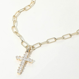 14K Gold Plated CZ Stone Cross Pendant Paperclip Chain Necklace