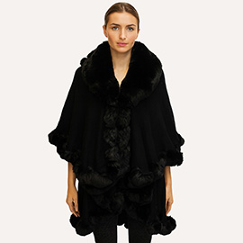 Elegant Faux Fur Trim Cape Poncho