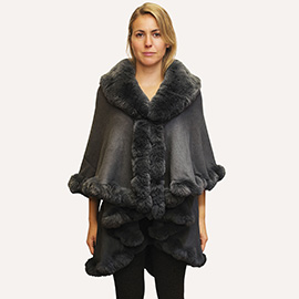 Elegant Faux Fur Trim Cape Poncho
