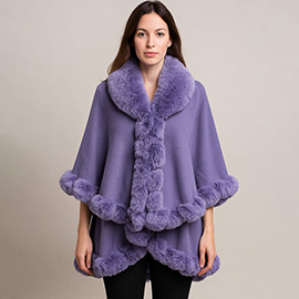 Elegant Faux Fur Trim Cape Poncho