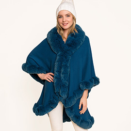 Elegant Faux Fur Trim Cape Poncho