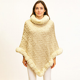 Textured Faux Fur Trim Cape Poncho