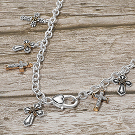 Antique Metal Mutl Cross Charm Station Necklace