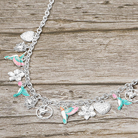 Hummingbird Heart Flower Charm Station Necklace