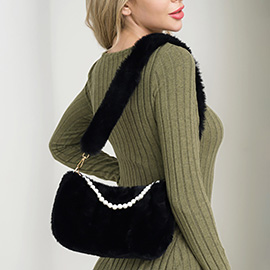 Pearl Handle Accent Faux Fur Crossbody Bag