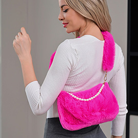 Pearl Handle Accent Faux Fur Crossbody Bag