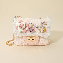 Floral Pearl Stone Cluster Embellished Tweed Mini Handbag / Crossbody Bag