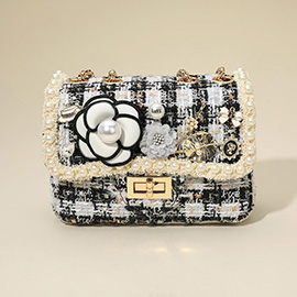 Floral Pearl Stone Cluster Leaf Embellished Tweed Handbag / Crossbody Bag