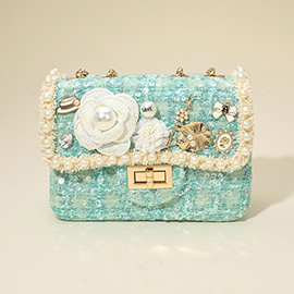 Floral Pearl Stone Cluster Leaf Embellished Tweed Handbag / Crossbody Bag