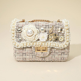 Floral Pearl Stone Cluster Leaf Embellished Tweed Handbag / Crossbody Bag