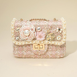 Floral Pearl Stone Cluster Leaf Embellished Tweed Handbag / Crossbody Bag