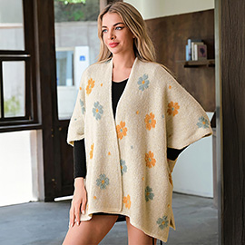 Cozy Relaxed Fit Open Front Floral Pattern Poncho