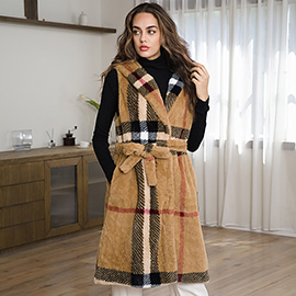 Sleeveless Faux Fur Plaid Pattern Belted Waist Long Vest