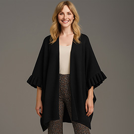 Solid Knit Open Front Ruffled Sleeves Kimono Poncho