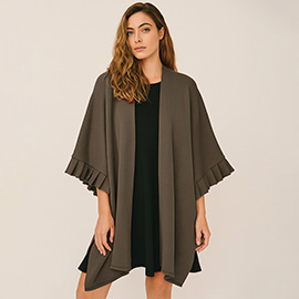 Solid Knit Open Front Ruffled Sleeves Kimono Poncho