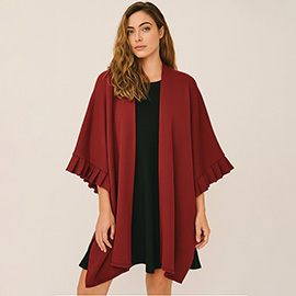 Solid Knit Open Front Ruffled Sleeves Kimono Poncho