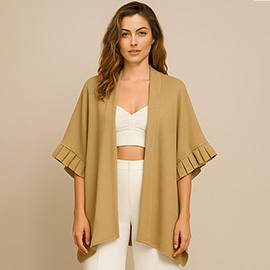 Solid Knit Open Front Ruffled Sleeves Kimono Poncho