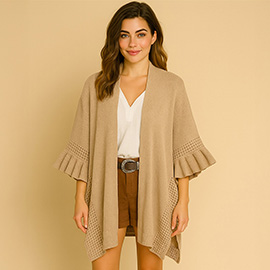 Solid Knit Open Front Punched Ruffle Sleeves Kimono Poncho