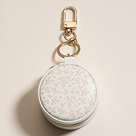 Floral Pattern Printed Round Shaped Travel Jewelry Case Keychain / Bag Charm