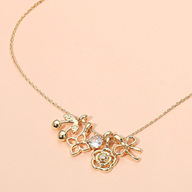 5PCS - CZ stone Accent Rose Bow Clover Cherry Charm Pendant Necklace