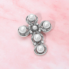 Rhinestone Paved Pearl Antique Cross Pin Brooch