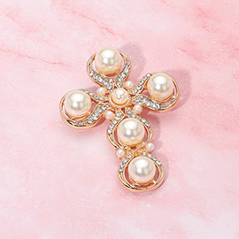 Rhinestone Paved Pearl Cross Pin Brooch
