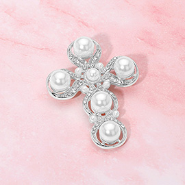 Rhinestone Paved Pearl Cross Pin Brooch
