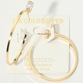 14K Gold Dipped Hypoallergenic Baguette CZ Stone Accent Hoop Earrings