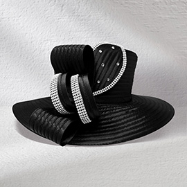 Wide Brim Rhinestone Embellished Bow Accent Dressy Hat