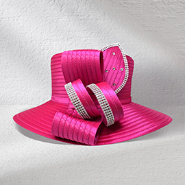 Wide Brim Rhinestone Embellished Bow Accent Dressy Hat