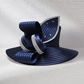 Wide Brim Rhinestone Embellished Bow Accent Dressy Hat