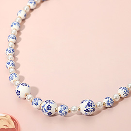 18K Gold Dipped Floral Ceramic Ball Pearl Beaded Necklace