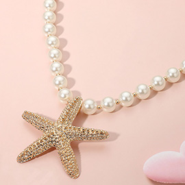 18K Gold Dipped Textured Metal Starfish Pendant Accent Pearl Statement Necklace