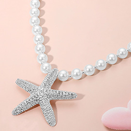 18K Gold Dipped Textured Metal Starfish Pendant Accent Pearl Statement Necklace